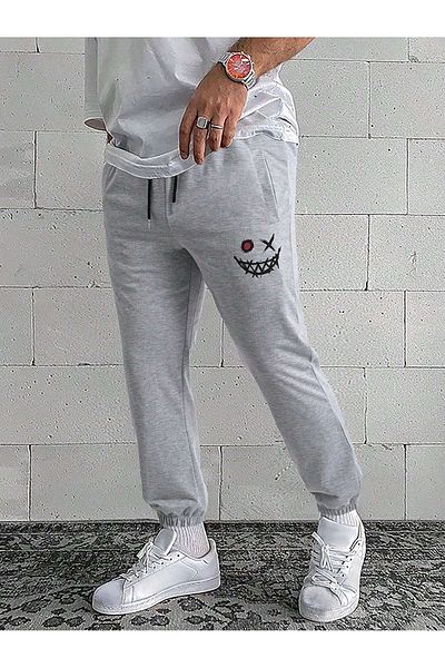 Mythologie Smile Face Sweatpants Jogger - Γκρι εμπριμέ λαστιχένιο πόδι ψηλόμεσο χειμώνα