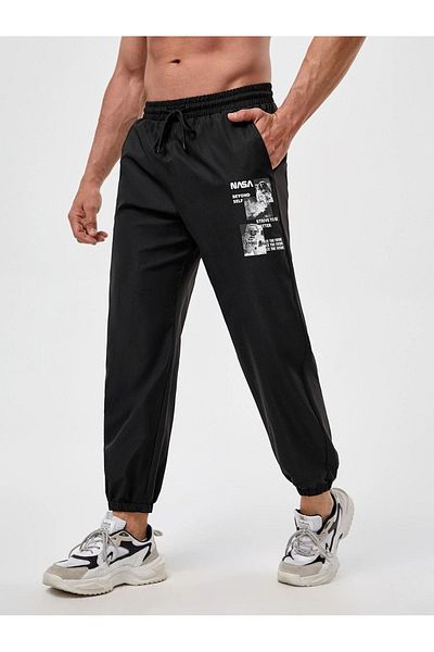 Mythologie Men's Nasa Beyond Self Jogger Sweatpants - Black Printed Elastic Leg High Waist Winter