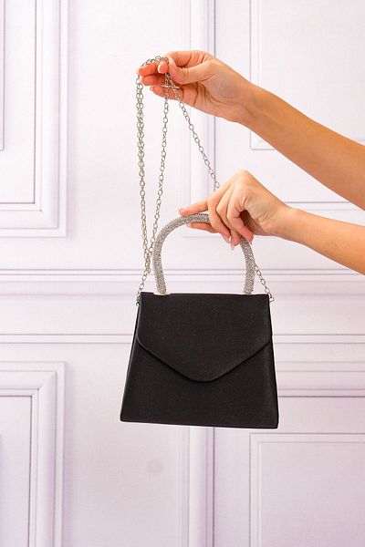 ROZA CANTA Women's Black Satin Stone Handle Detailed Evening Shoulder Bag