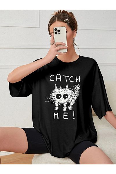 Mythologie Μπλουζάκι Catch Me Cat Text Design - Μαύρο, εμπριμέ, Oversize, Crew λαιμόκοψη, κοντό μανίκι