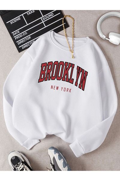 MODARİCH سويت شيرت شتوي سميك بأحرف Brooklyn - رقبة دائرية مضلعة كبيرة الحجم مطبوعة باللون الأبيض