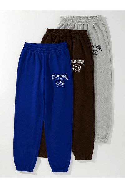 Mythologie Παντελόνι Jogger με στάμπα California Tennis 3 συσκευασιών - Sax Blue Brown Grey Rubber Leg Κανονική μέση