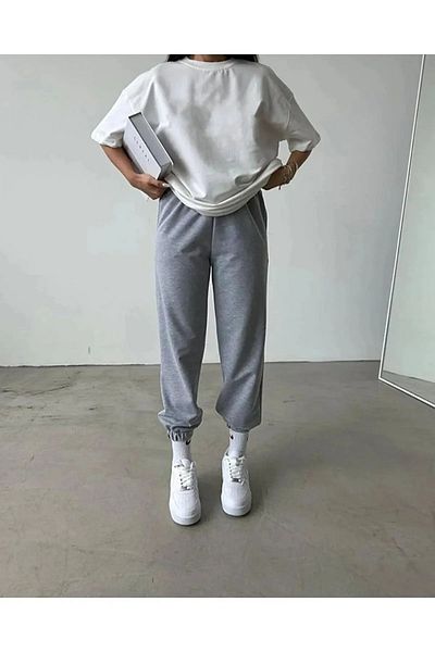 Mythologie Basic Plain T-shirt Sweatpants Jogger - Λευκό γκρι σετ φόρμας Oversize Crew Neck