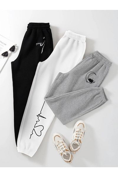 Mythologie 3-Piece Cat And Moon Printed Jogger Sweatpants - Black White Gray Rubber Leg Normal Waist