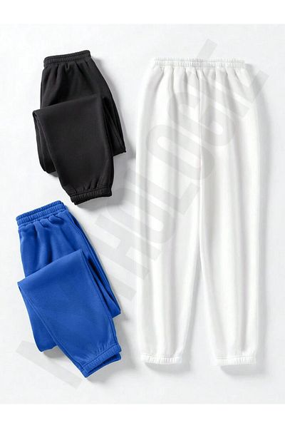 Mythologie 3-balení nepotištěných tepláků Jogger - Black Sax Blue White Elastické nohavice Letní s vysokým pasem