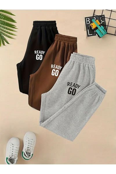 Mythologie 3-Pece Ready Go Printed Jogger Sweatpants - Μαύρο καφέ γκρι λαστιχένιο πόδι ψηλόμεσο καλοκαίρι
