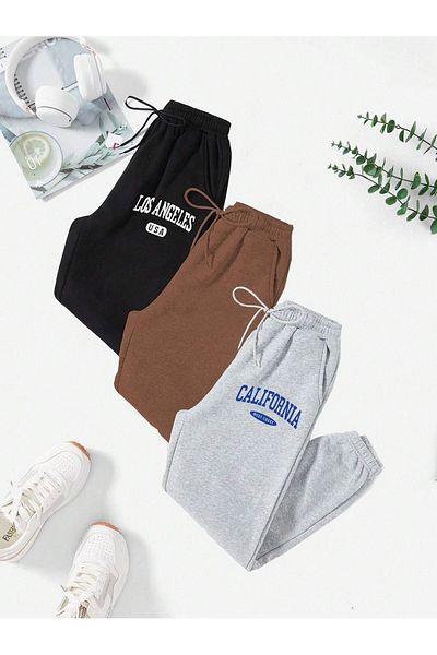 Mythologie Los Angeles California Printed Jogger Sweatpants - Μαύρο καφέ γκρι ελαστικό πόδι ψηλή μέση