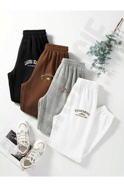 Mythologie 4 Pack America Printed Jogger Sweatpants - Μαύρο Καφέ Γκρι Λευκό Λαστιχένιο πόδι ψηλόμεσο καλοκαίρι