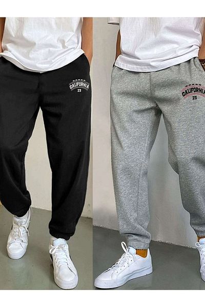 Mythologie 2 Πακέτα California 23 Sweatpants Jogger - Μαύρο και γκρι εμπριμέ λαστιχένιο πόδι ψηλόμεσο καλοκαίρι