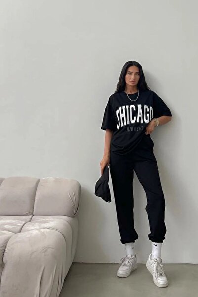 Mythologie Chicago T-shirt Sweatpants Jogger - Σετ φόρμας με μαύρη στάμπα Oversize Crew Neck