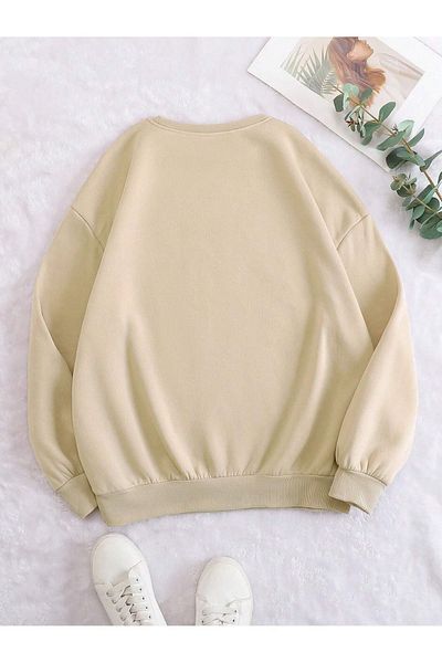 MODARİCH Κάτι πορτοκαλί φούτερ - Μπεζ εμπριμέ Oversize Crew Neck
