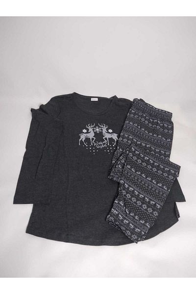 VİENETTA Set de pijamale din bumbac, antracit, cu gât rotund, cu mânecă lungă, cu model de cerb