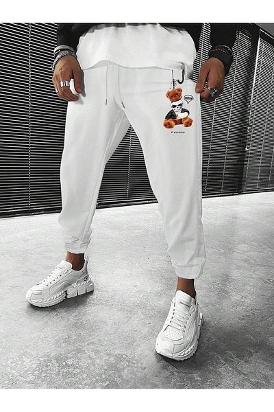 Mythologie Surpise Bear Sweatpants Jogger - Λευκό εμπριμέ λαστιχένιο πόδι ψηλόμεσο χειμώνα