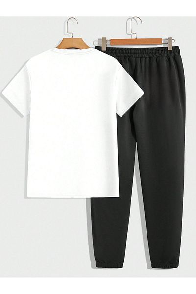 Mythologie Future Logo White T-shirt and Black Sweatpants - Oversize Jogger T-Shirt Set, Crew Neck