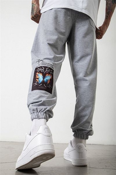 Mythologie Ψηλόμεσο ελαστικό γκρι παντελόνι Jogger - Χειμώνας με λεπτομέρεια στα πόδια πεταλούδας