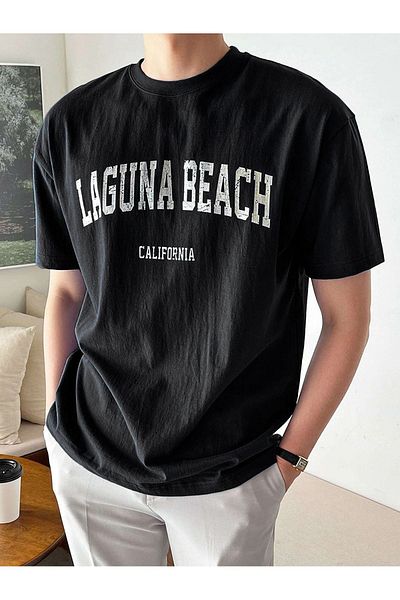 Mythologie Μπλουζάκι Laguna Beach - Μαύρο εμπριμέ κοντό μανίκι με λαιμόκοψη