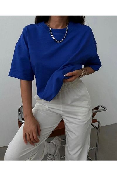Mythologie Basic μονόχρωμο μπλουζάκι Sweatpants Jogger - Sax Blue White Set αθλητικές φόρμες Oversize Crew Neck