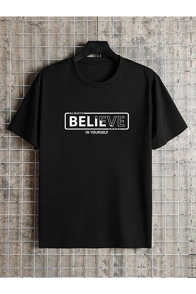 Mythologie T-shirt Always Believe - Μαύρο, εμπριμέ, Oversize, Crew λαιμόκοψη, κοντό μανίκι