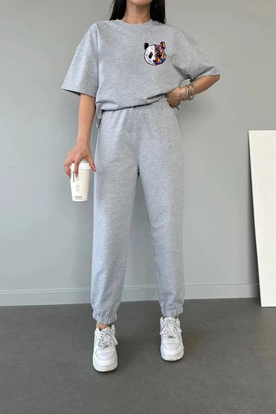 Mythologie Panda Logo T-shirt Sweatpants Jogger - Σετ φόρμας με γκρι στάμπα Oversize Crew Neck