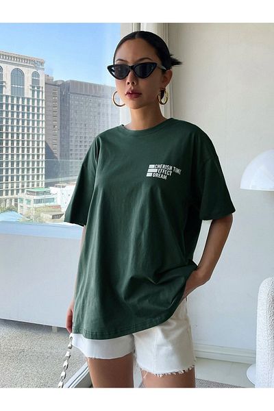 Mythologie Cherish Time T-Shirt - Nefti Green με στάμπα Oversize Crew Neck κοντό μανίκι