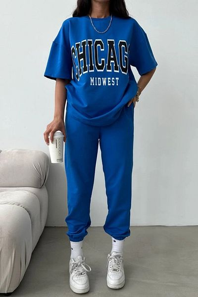 Mythologie Chicago T-shirt Sweatpants Jogger - Σετ φόρμας με μπλε στάμπα Sax Oversize Crew Neck