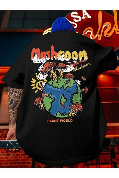 Mythologie Mushroom World T-Shirt - Black Printed Oversize Crew Neck Short Sleeve