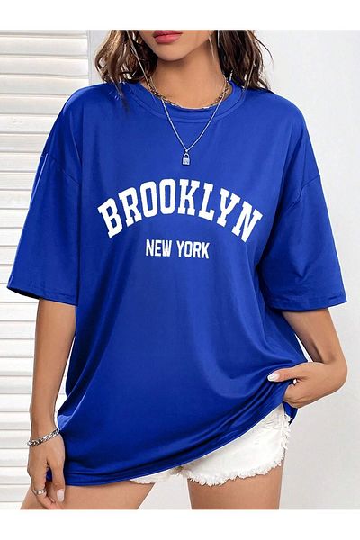 Mythologie Μπλουζάκι με κείμενο Brooklyn New York - Sax Blue Printed Oversize Crew Neck Κοντό μανίκι