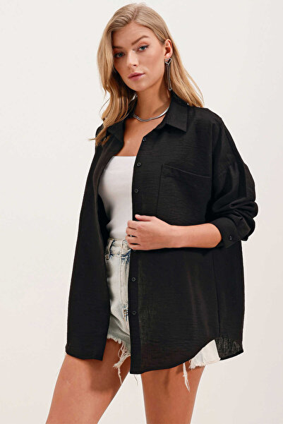 alita butik Tek Cepli Oversize Keten Gömlek