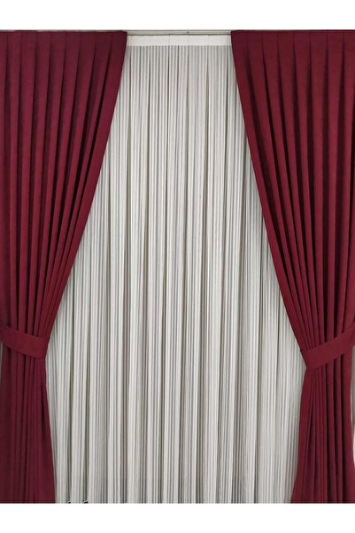 Pakar Bordo Pileli Kadifemsi Fon Perde Yüksek Kalite Çift Kanat