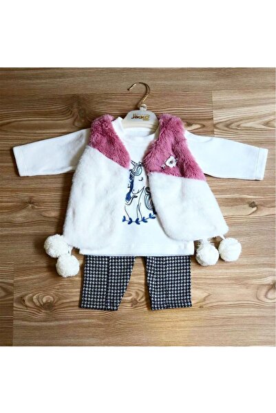 Miracle Kız Bebek Pembe Pötikareli 3 Lü Takım, Yelek ,sweat ,pantolon