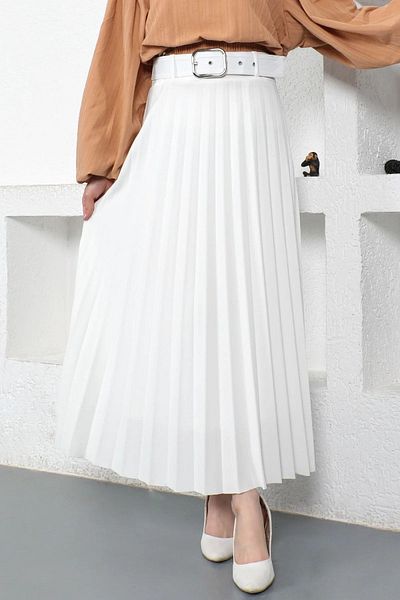 MB-MODA BİZİMLE Fustă albă plisată cu centură