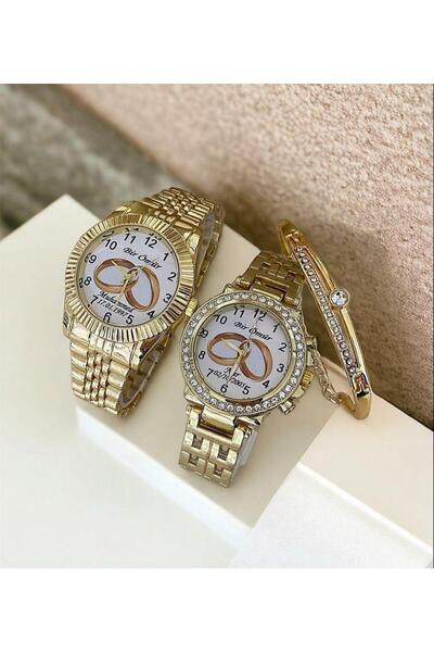 Has Çift Gold Taşlı Metal Kordon Analog Kol Saatleri