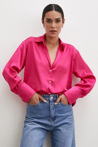 BE CHİC Cămașă din satin premium cu decolteu în V fucsia - Croială largă, Design solid CN 100951