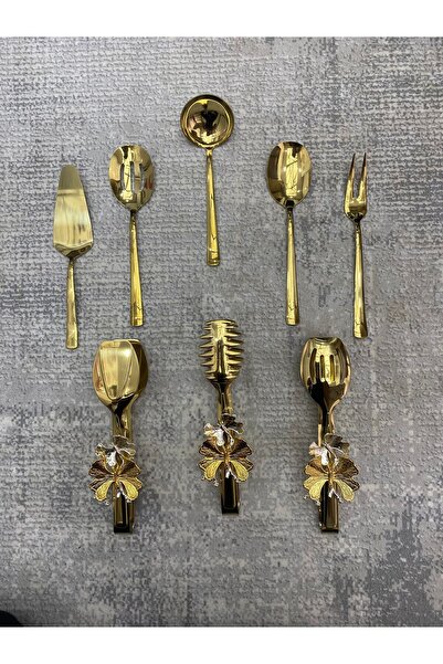 NEWTREND Züccaciye Stainless Steel 8-Piece Serving Set - Gold Colander, Ladle, Shovel, Fork, Spoon, Butterfly Tongs