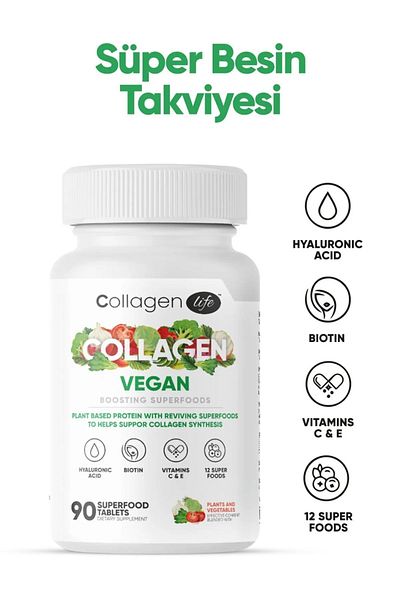 COLLAGEN LIFE Vegan Collagen Support with Plant-Based Protein Powder 90 Tablets and Life Biotin, Hyaluronic Bitter
