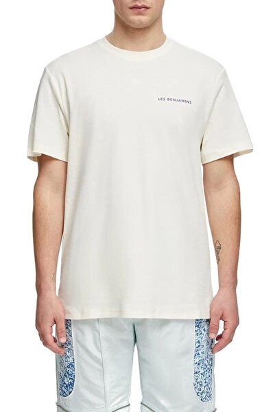 LES BENJAMINS Ανδρικό μπλουζάκι από βαμβακερό λαιμόκοψη σε κανονική εφαρμογή εκρού Lb21sscormuts