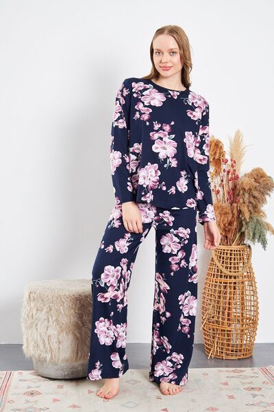 LİVE SPORT Crew Neck Long Sleeve Cotton Women's Pajamas Set - Spanish Leg
