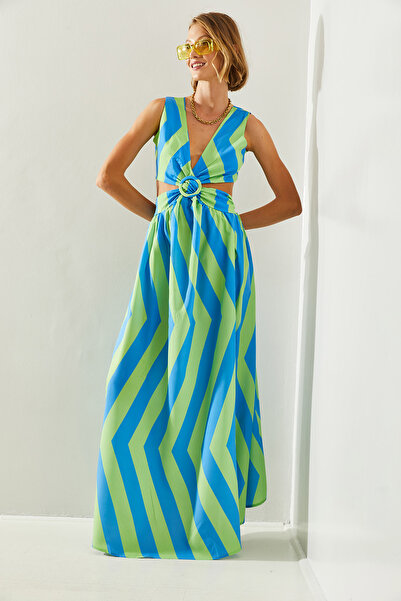 Bianco Lucci Pruhované dámské šaty s nízkým střihem vzadu - střih kiloş, detail rozparku, zavazování - 22217 60251496