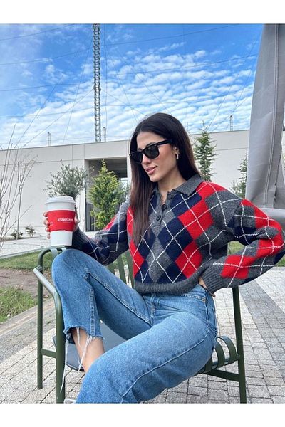 Puella Polo Collar Gray Red Navy Blue Women's Crop Sweater - Baklavalı