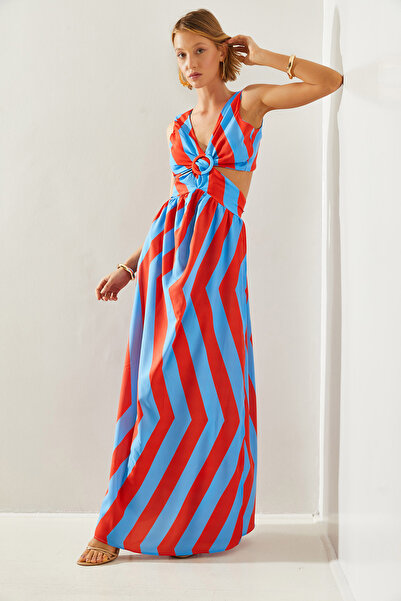 Bianco Lucci Hátul Mélyen dekoltált csíkos női ruha - Kiloş szabású, hasított részlet, felköthető - 22217 60251496