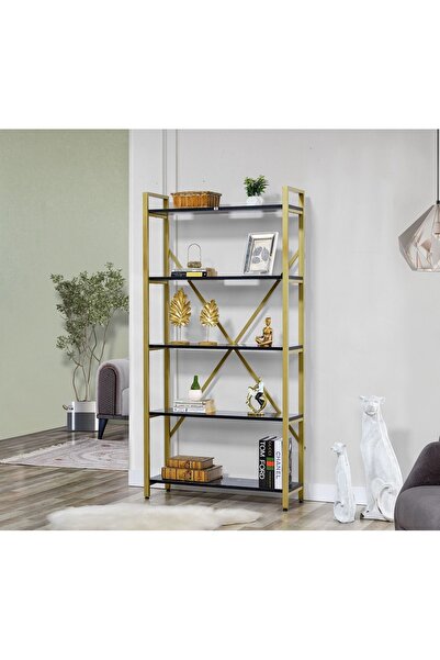 UmkaHome GOLD Metal Kitaplık 5 Raflı Siyah Mermer Desenli Altın Kitaplık