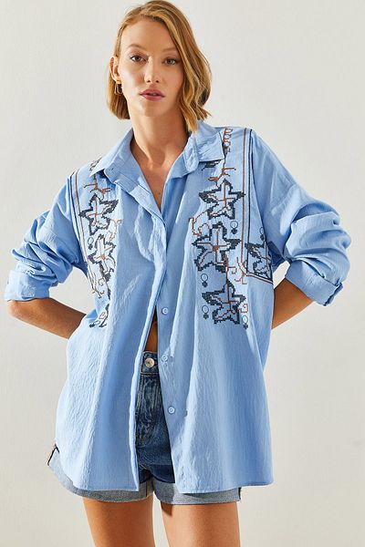 Bianco Lucci Embroidered Patterned Oversize Women's Shirt - 5928 60251479