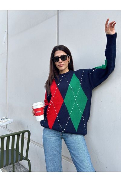 Puella Pulover de damă cu imprimeu Argyle bleumarin - Twin verde și roșu, dungi albe