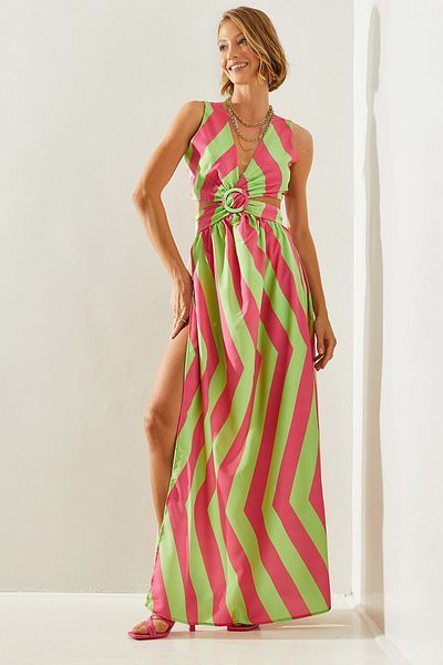 Bianco Lucci Back Low-cut Striped Women's Dress - Kiloş Cut, Slit Detail, Tie-up - 22217 60251496