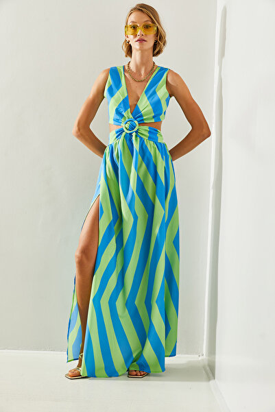 Bianco Lucci Pruhované dámské šaty s nízkým střihem vzadu - střih kiloş, detail rozparku, zavazování - 22217 60251496