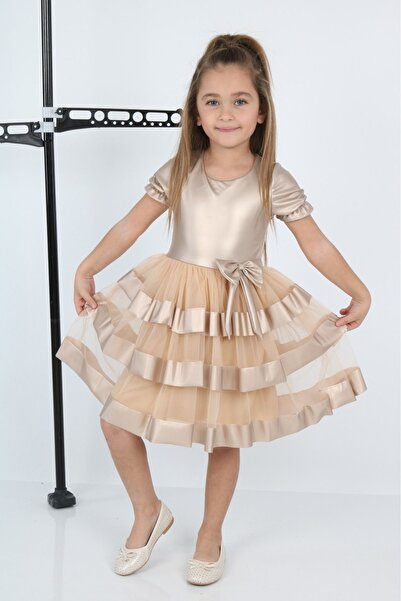 Genel Markalar Shine Tüllü Leather Gold Kız Çocuk Abiye Elbise LP-23SUM-009