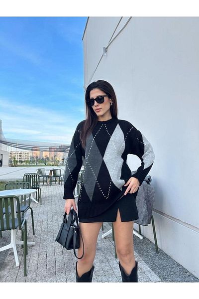 Puella Pulover de damă cu imprimeu Black Argyle - decolteu, gri deschis și dungi duble albe