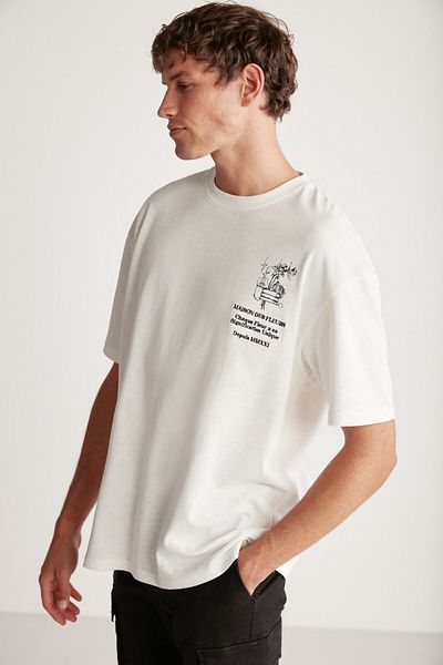 GRIMELANGE Alonzo Men's Oversize Fit 100% Cotton Embroidered and Printed Ecru T-shirt