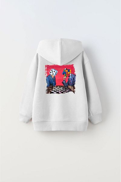 The Champ Clothing Бял унисекс детски суичър с качулка с полар с щампа