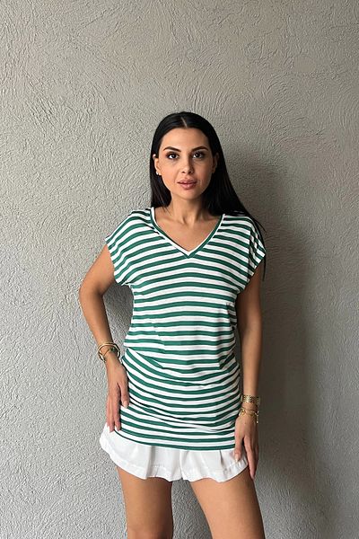 Seda Yalçın Atelier V-Neck Green Striped Basic T-shirt